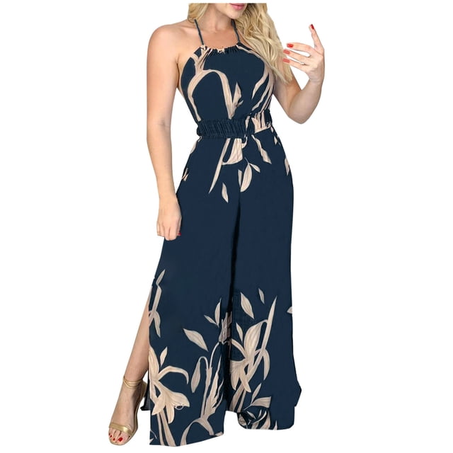 Mono Para Mujer de Moda de Verano Estampado Sin Espalda Halter Casual Sin Mangas Tirantes Mono Odeerbi ODB-4