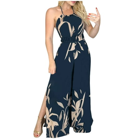

YFPWM Palazzo Pants for Women Ethnic Beach Long Jumpsuit Party Crop Jumpsuit Corset Y2k Fashion Jumpsuit Cute Club Jumpsuit Summer Print Backless Halter Sleeveless Suspender Jumpsuit