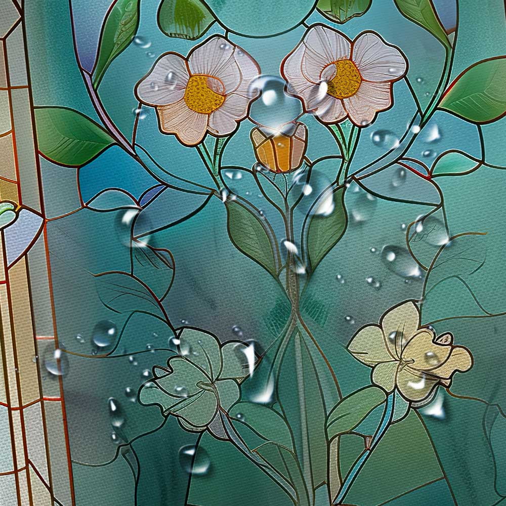 Cute Stained Glass Shower Curtain, Boho Vintage Floral Teal Fabric Shower Curtains Set for Women Girls Bathroom Decorative, Pretty Flowers Restroom Decor Accessories with Hooks 72X84 Inch