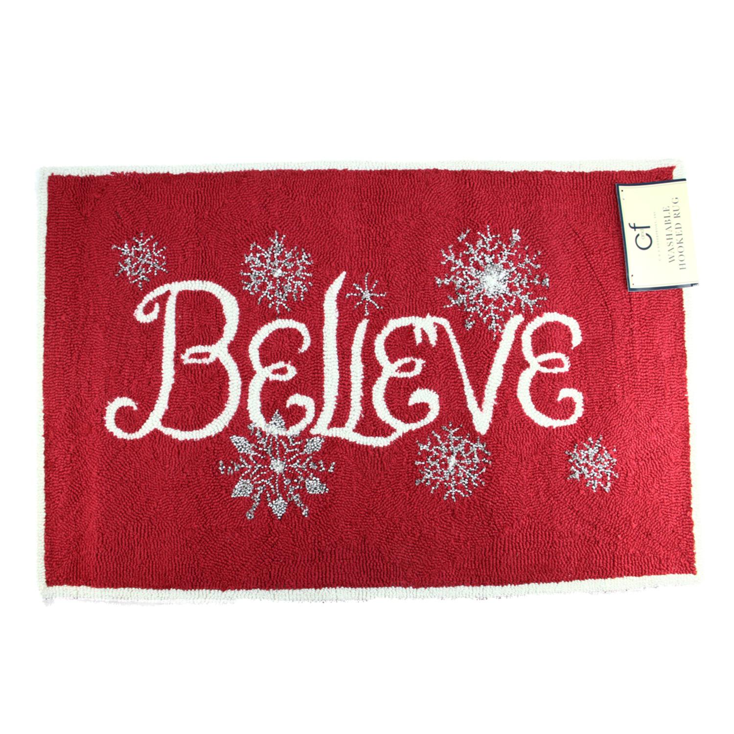 2' X 3' Red, White and Silver &quot;Believe&quot; Decorative Christmas Throw Rug