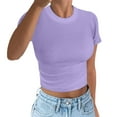 thumbnail image 2 of Tshirts For Women Solid Color Crew Neck Slim Fit Short Sleeve Sports Fitness Tunic Tops Pullover Tee Shirts Activewear,Purple,L, 2 of 4
