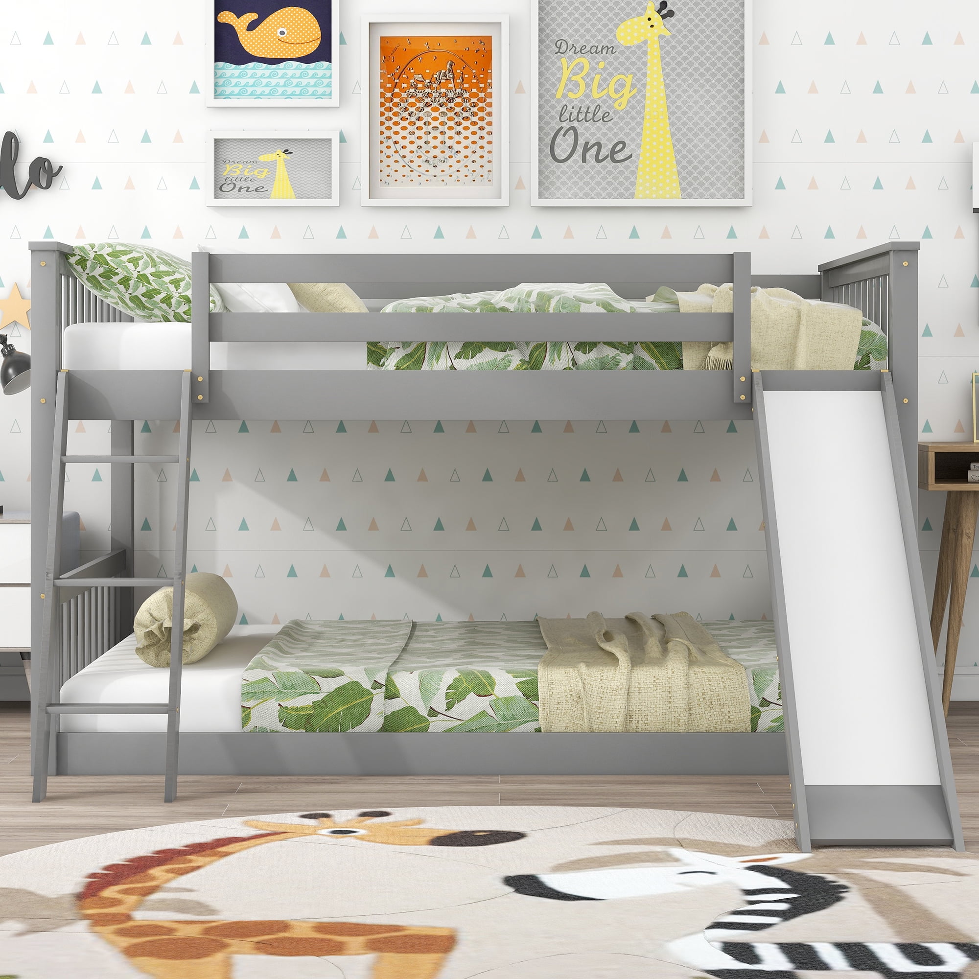 Euroco Full over Full Floor Bunk Bed with Inter-Changeable Slide and Ladder, Solid Wood Bunk for Kids Teens Adults, Gray
