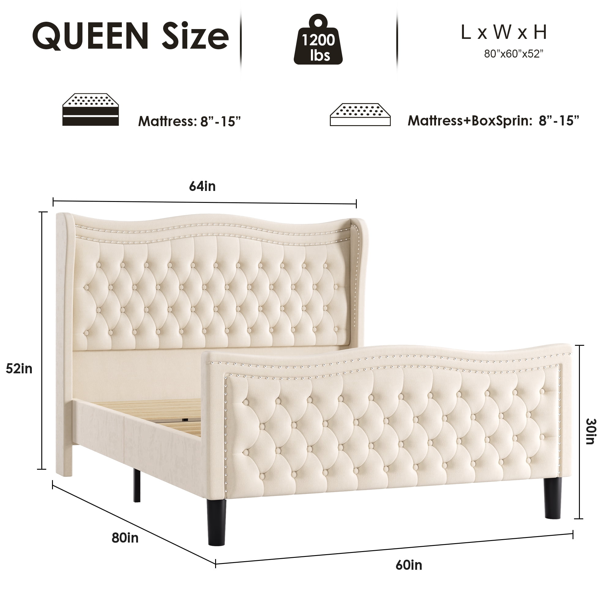 BSHTI Upholstered Queen Size Bed Frame – Diamond Tufted Wingback Headboard, Platform Bed with Wooden Slats, No Box Spring Needed（Beige）