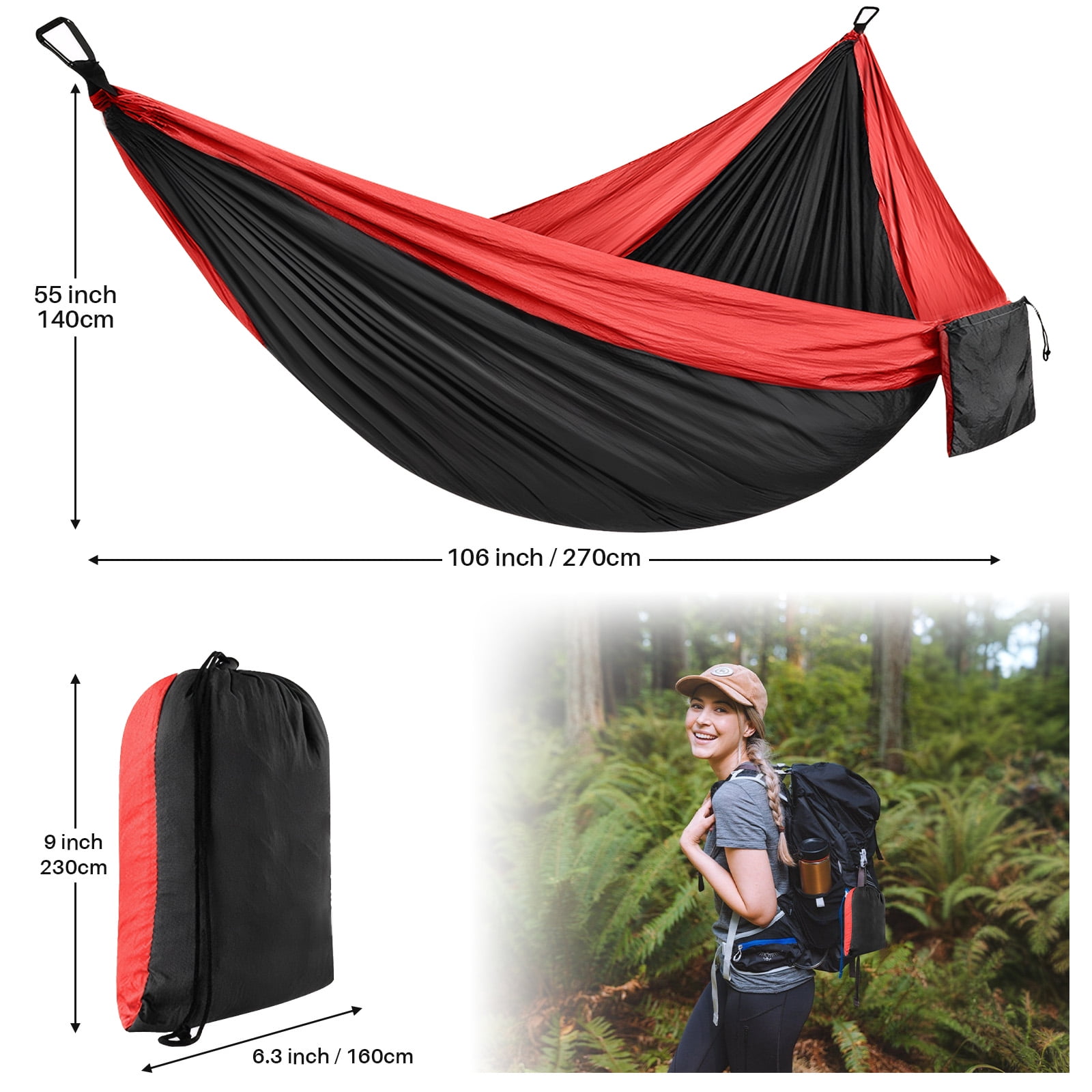 Topchances Camping Hammock, 210T Nylon Lightweight Single Hammock with 2 Tree Straps and Carry Bag, Great for Outdoor, Indoor Beach, Camping, Red & Black