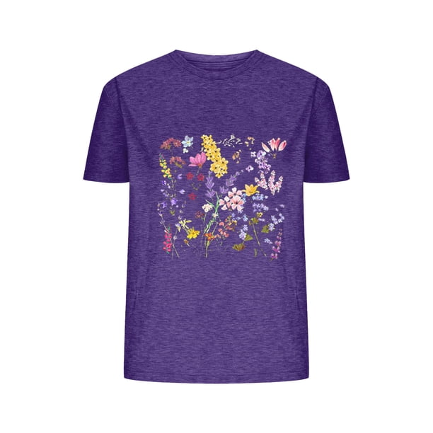 Camisetas de Verano de Mujer Pequeña Flor Impresa Cuello Redondo Manga Corta Superior, Verano Superior de las Mujeres