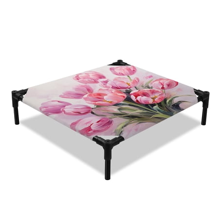 Easter Pink Elevated Dog Bed Tulip Oil Painting Cooling Breathable Outdoor Raised Dog Cot Bed with Metal Frame Non-Slip Feet for Small Dog 20x20in