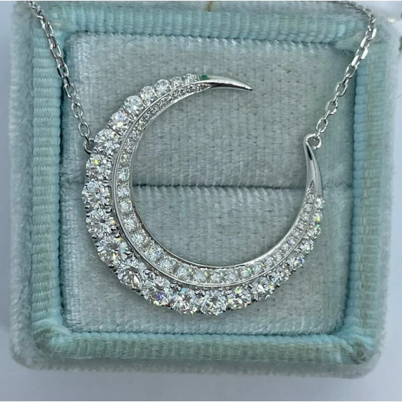 2Ct Round Cut Lab Created Diamond Crescent Moon Pendant 14K White Gold Plated