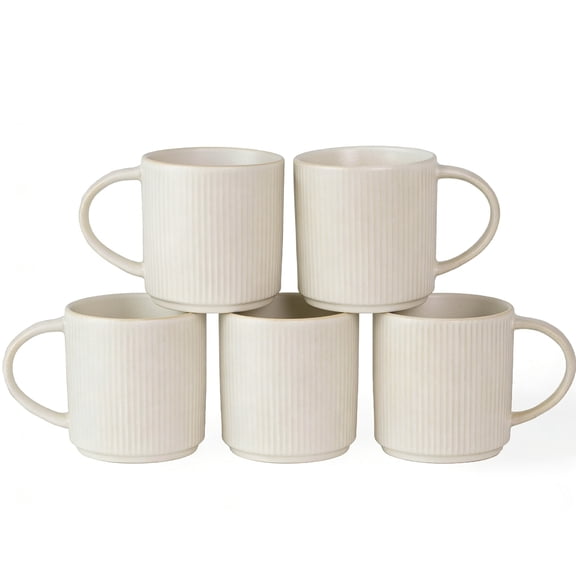 Coffee Mug Set for 5, 12 oz Catering Mugs Cup Set with Handle for Coffee, Tea, Cocoa, Milk - Ceramic Stoneware Drinkware Set, Matte White