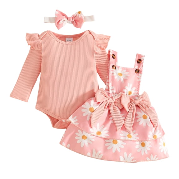 REDARER Girls Long Sleeve Ribbed Bodysuit with Floral Print Suspenders Jumpsuit and Bow Headband Outfit for Toddler,6-9 Months