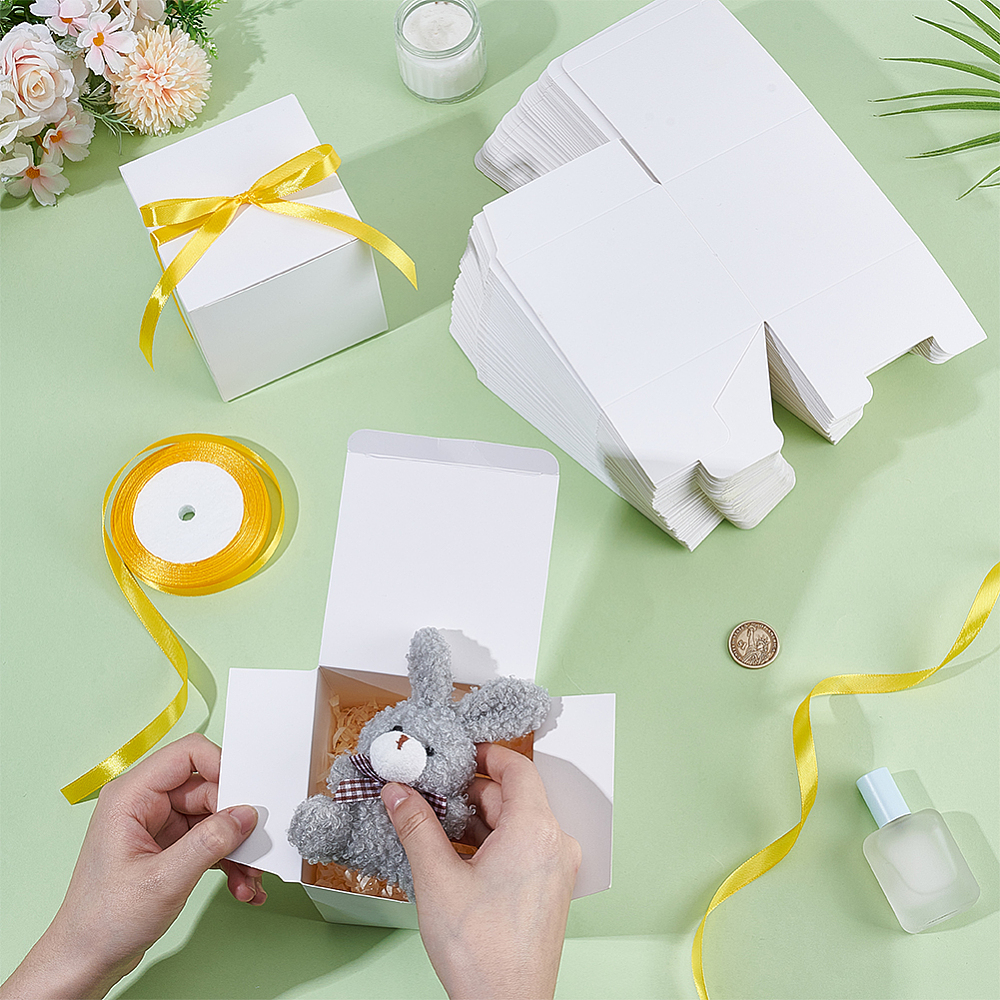 1set 1Roll Single Face Satin Ribbon Polyester Ribbon for Gift Wrapping with 50pcs Cardboard Paper Packaging boxes golden 3/8 inch(10mm) about 24.06 Yards(22m)/set