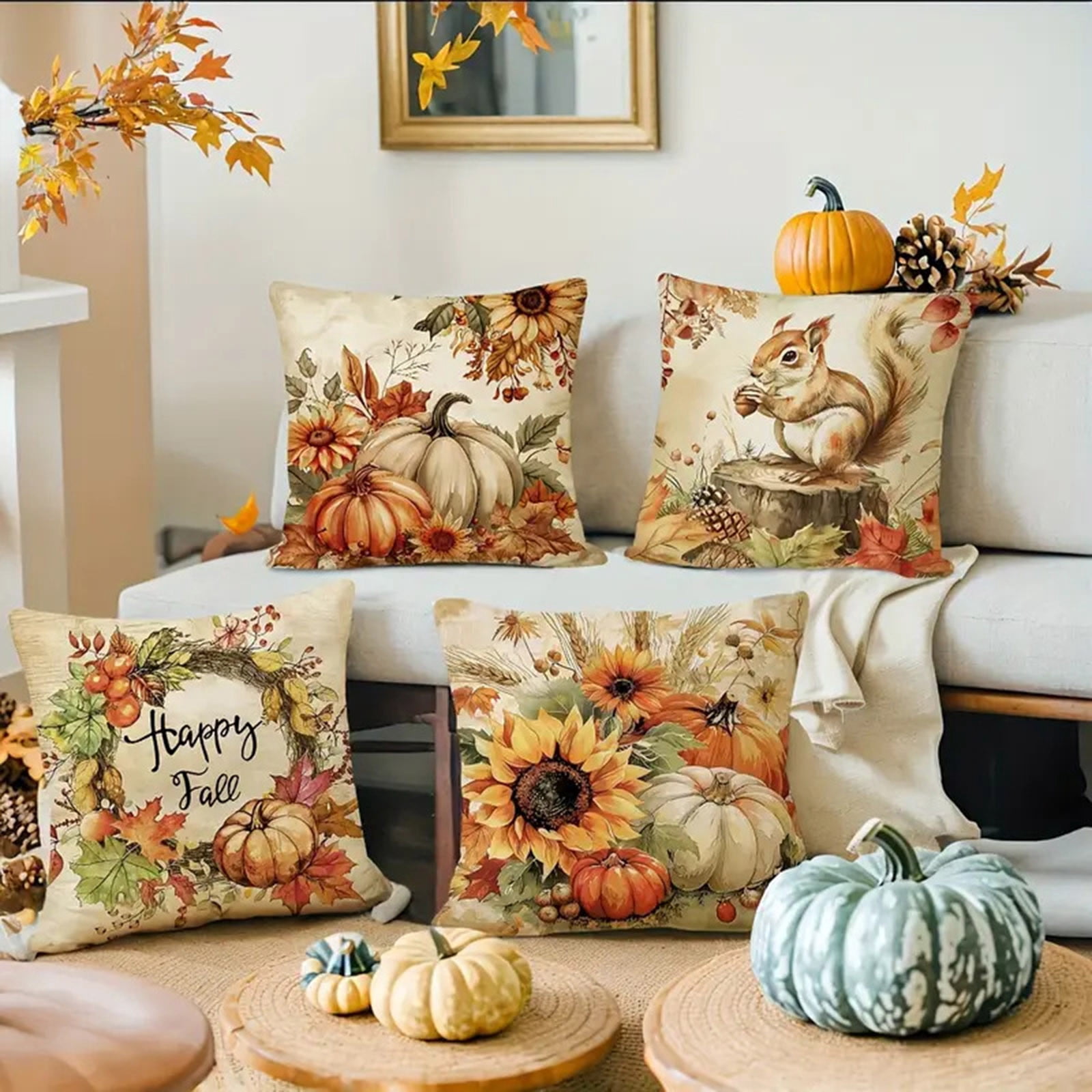 QIPOPIQ Fall Throw Pillow Covers,Pumpkin Maple Leaf Squirrel Decorative Seasonal Autumn Cushion Covers Rural Farmhouse Pillow Case