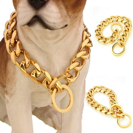 Toggle Chain Collar - Gold Plated 316L Stainless Steel Curb Cuban Chain Dog Collar (Recommend dog’s neck 8
