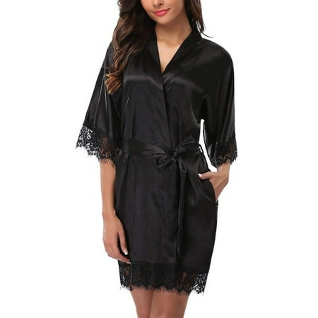 

Summark New women s robe lace stitching sexy half sleeve pajamas kimono robe and short satin babydoll underwear diagonal V-neck S-2XL