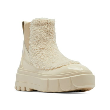 SOREL Womens Beige Mixed Media 1" Platform Goring Faux-Shearling Detail Padded Back Pull-Tab Removable Insole Waterproof Caribou X Round Toe Wedge Chelsea Boot 8.5