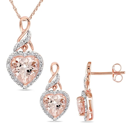 Tangelo 2-3/4 Carat T.G.W. Morganite and 1/5 Carat T.W. Diamond 10k Rose Gold 2-Piece Heart Pendant and Earrings Set
