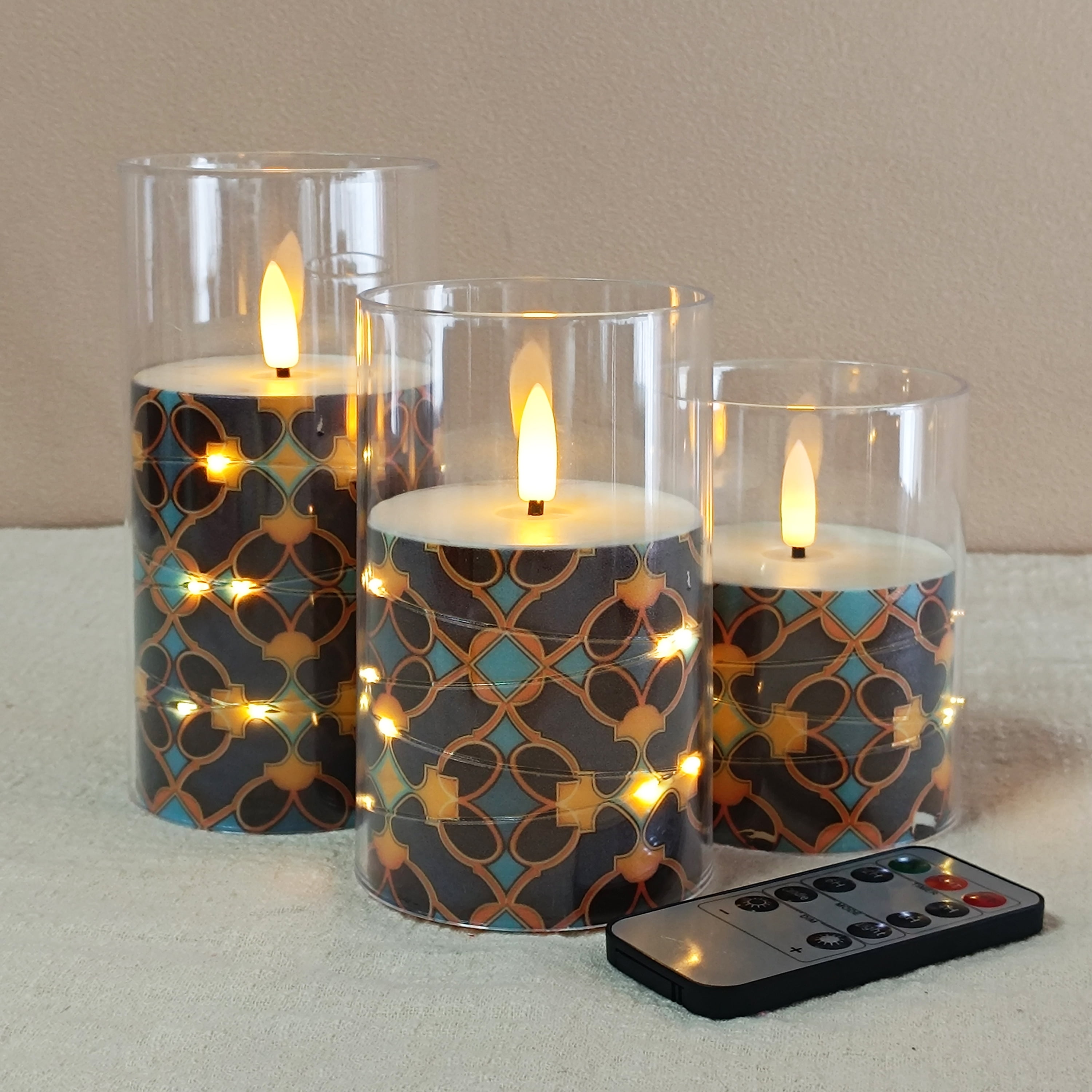 Flameless Candles with String Lights LED Candle Battery Operated Candles with Remote Control,Printed Pillar LED Candles for Wedding Holiday Party Table Home Decorations,Set of 3