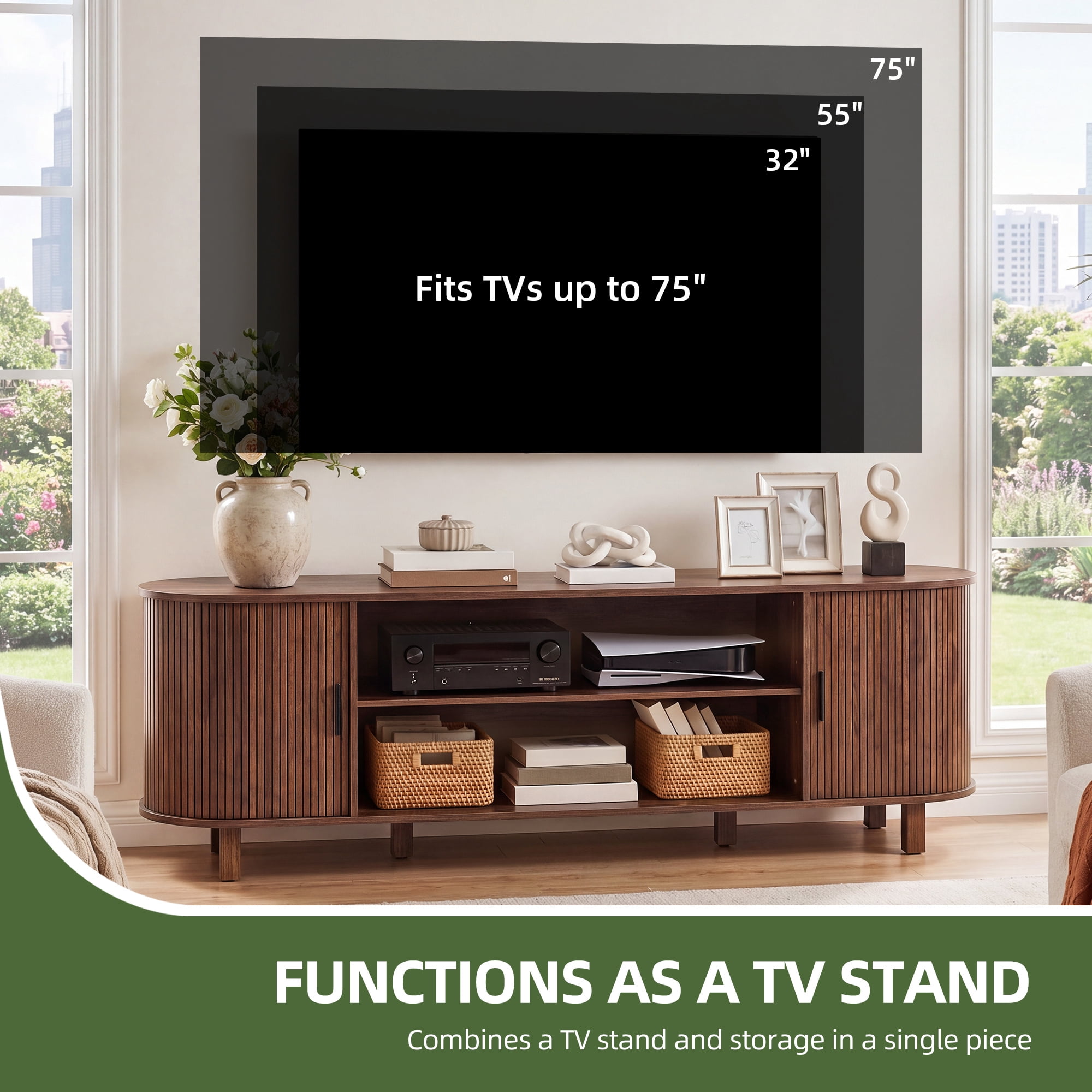 Uforic 70 Inch Mid Century Modern TV Stand with Fluted Rolling Doors and Adjustable Shelves, Fits Up to 75 Inch TV for Living Room, Walnut