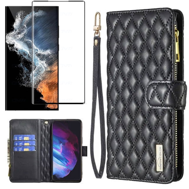 Tasnim Daimond Wallet Case for Samsung Galaxy S23 Case With Screen Protector (Black)