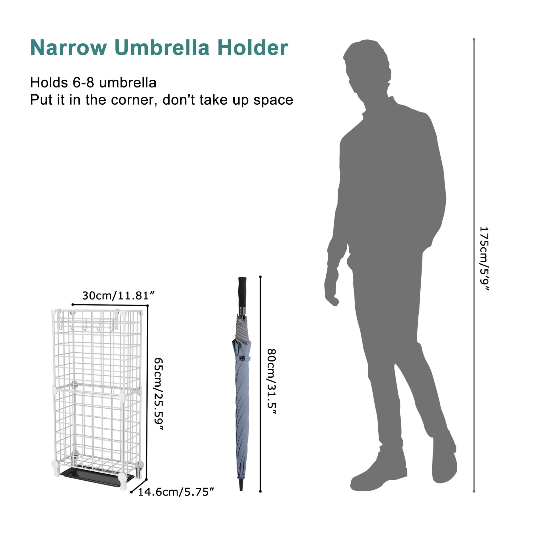 Umbrella Holder Entryway  Stand Freestanding Metal Square Rack Organizer With A Removable Drip Tray Hooks White