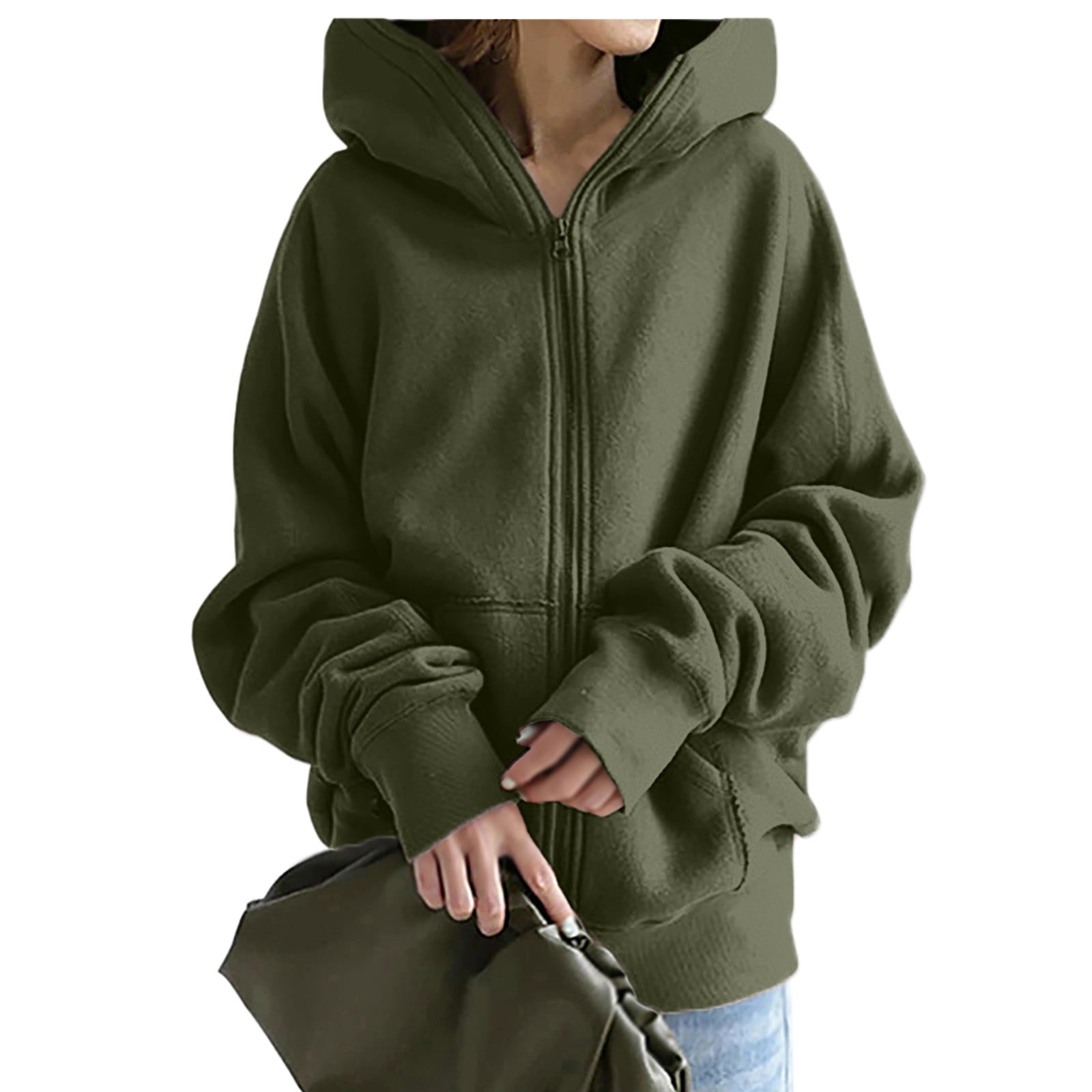 Winter Savings! RQYYD Women Casual Full Zip Up Plus Size Hoodie Comfy Loose  Solid Hooded Sweatshirt Loose Long Sleeve Winter Jacket with Pockets (Army
