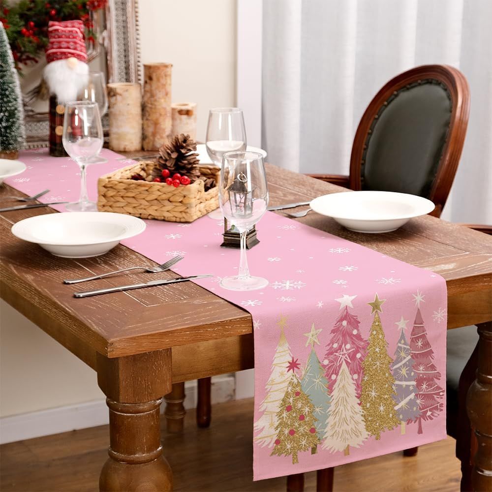 Christmas Table Runner 13x72 Inch, Xmas Trees Snowflakes Winter Holiday Decorative Farmhouse Table Decorations for Kitchen Dinning, Indoor Outdoor Dinner Party Decor