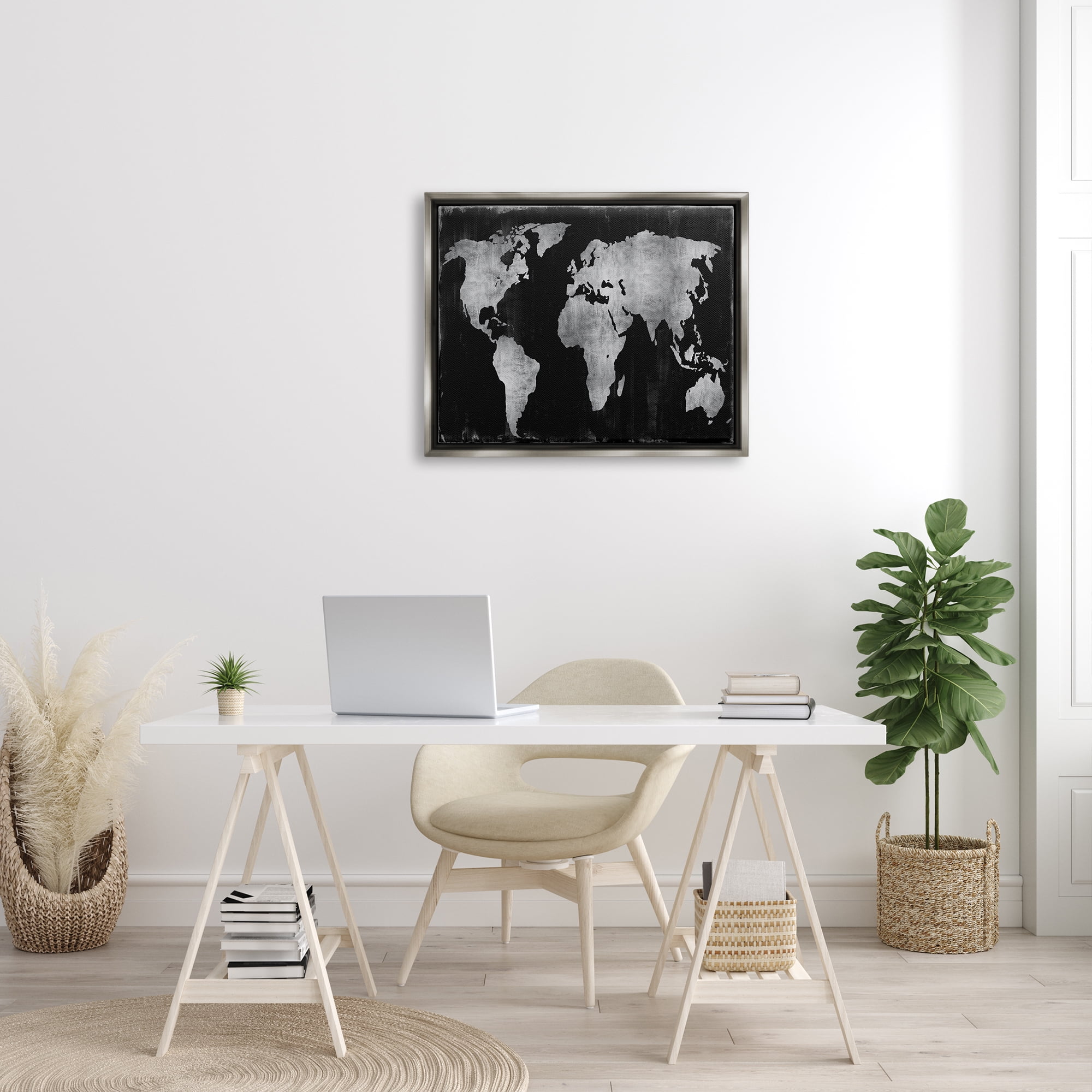 Stupell Weathered Black World Map Travel & Places Painting Gray Floater Framed Art Print Wall Art