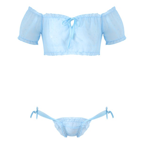 Men Male Chiffon Lingerie Exotic Sets Sissy Nightwear Sheer Mesh Off Shoulder Ruffled Crop Tops with Briefs Thongs ClubwearXL Gong Bohan LED