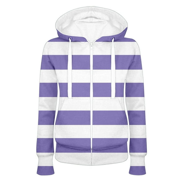 Mrat Women Fashin Hoodie Women Fashion Hooded Slim Fitting Zipper Stripe Printed Sweaters Hoodie S-98 Purple XL