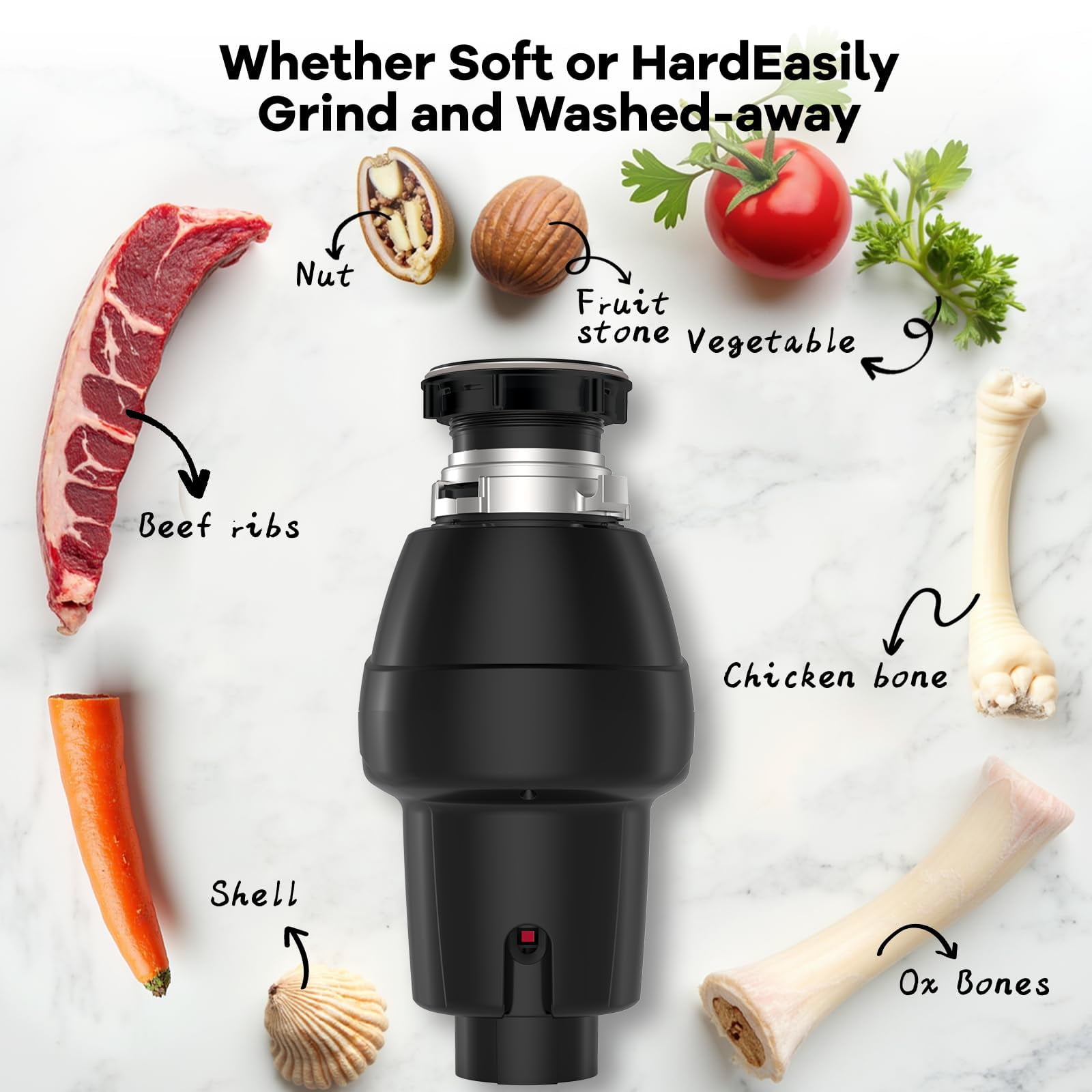 Garbage Disposal, Food Garbage Disposal with Power Cord, Stainless Steel Grinding System, Continuous Feed Compact Garbage Disposals (1/2 HP (Matte Black))