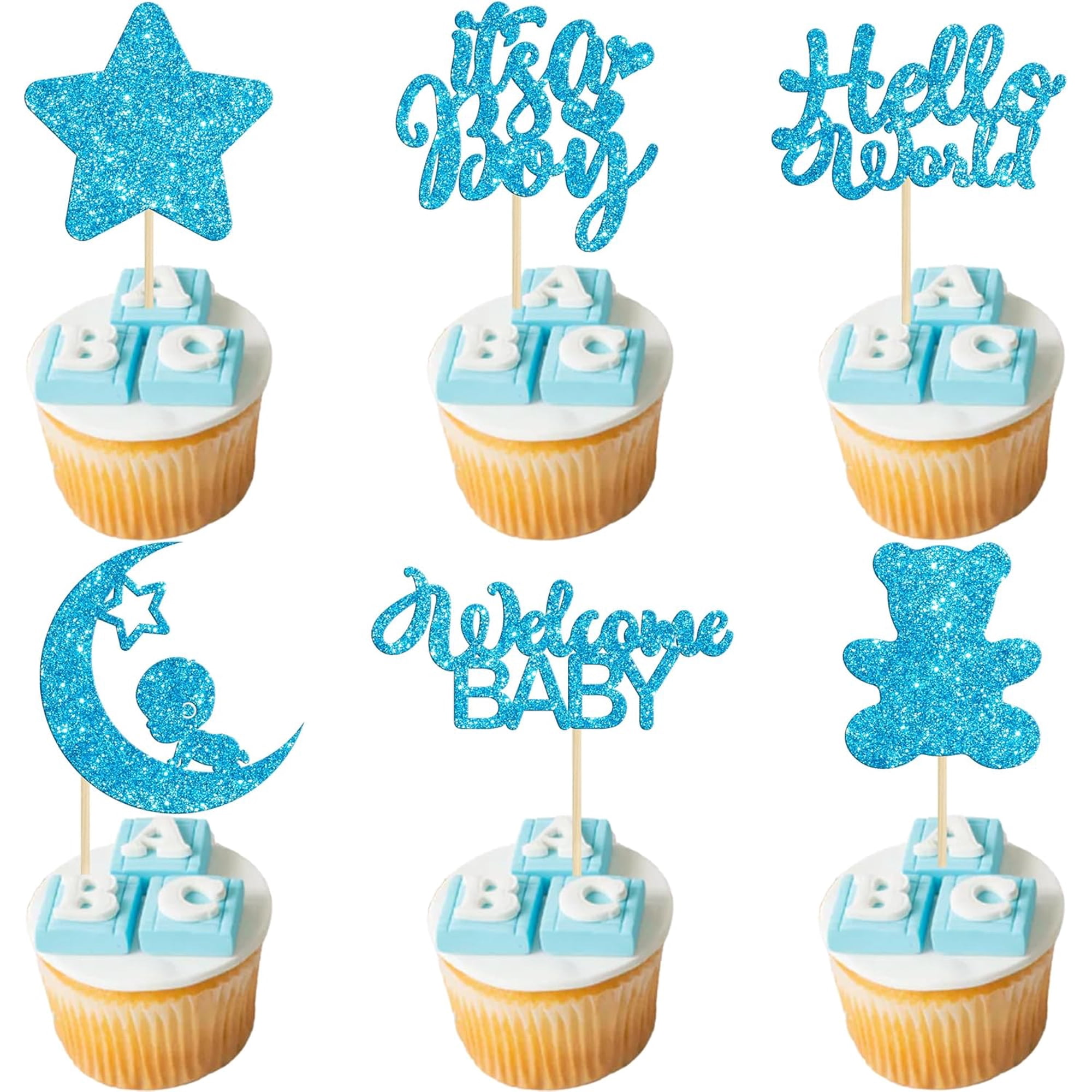 Brand 12Pcs Glitter Blue Baby Shower Cupcake Toppers It s a Boy Hello World Moon & Star & Teddy Bear Cupcake Picks for Boy Gender Reveal/Baby Shower Party Decorations