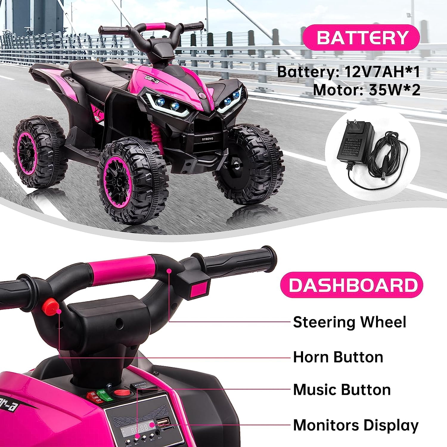 Trilenars Electric Quad Bike 12V, Ride On Car ATV Toy with Remote Control, Music, LED, Horn, 2 Speed, for Ages 3-5 Years,Pink