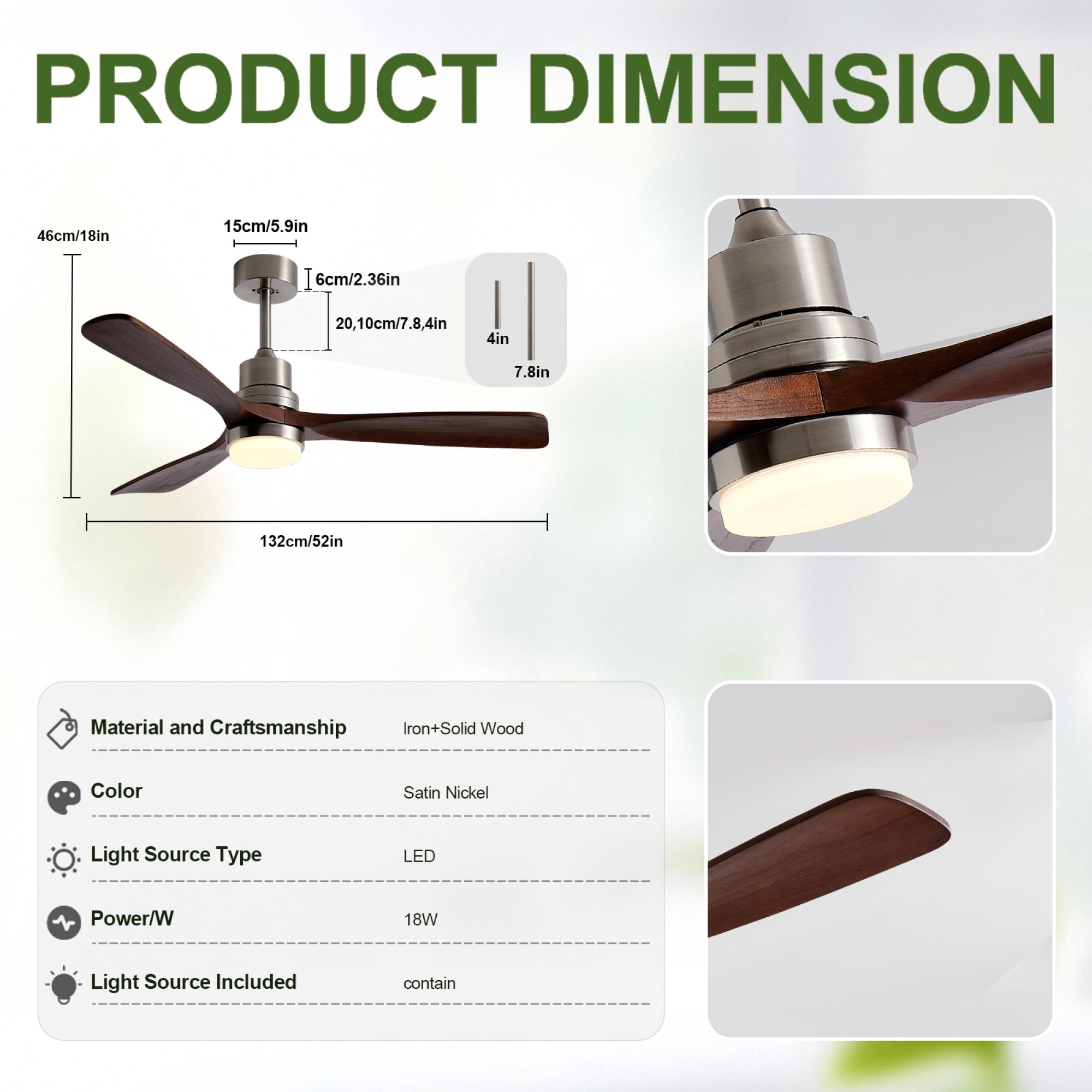 Leumius 52" Wooden Ceiling Fans with Lighted Remote Control, Indoor Outdoor Wooden Ceiling Fan, Outdoor Modern Ceiling Fan with 3 Fan Blades for Patio, Living Room Dining Room Brushed Nickel