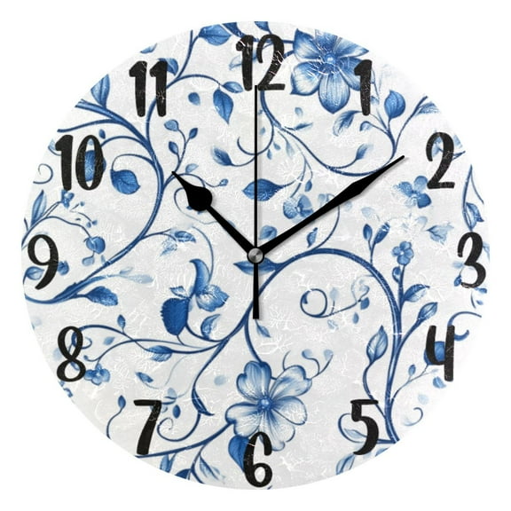 10" Quartz Indoor Wall Clock, Silent Mechanism Clock Blue Floral Designs