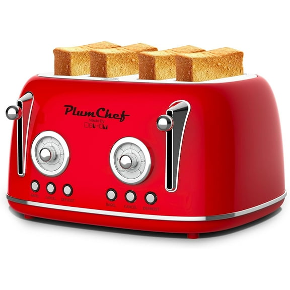 4 Slice Retro Style Toaster, Dual Control Toaster with Warming Rack, 6 Browning Settings, Bagel/Defrost Functions, Removable Crumb Tray, Stainless Steel Housing 1650W, Red