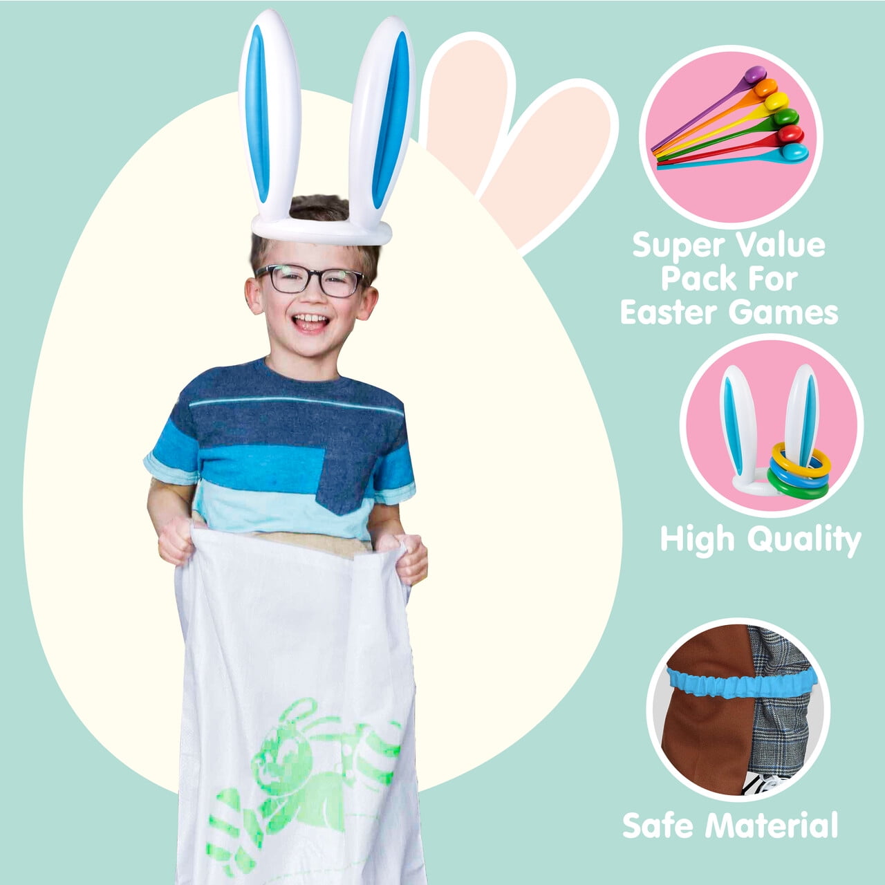 Joyfy 33Pcs Easter Potato Sack Race Bags,Spoon and Egg Race, 6 Players Legged Relay Race Bands Elastic Tie Rope for Easter Theme Party Favor, Outside Lawn,Eggs Hunt Game Activities