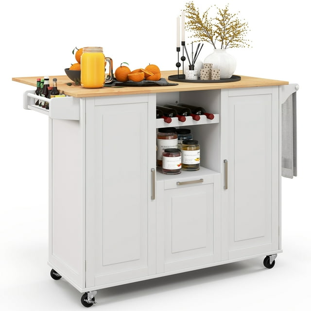 Costway Rolling Kitchen Island Utility Serving Cart with Drop Leaf Wine Rack Drawer White