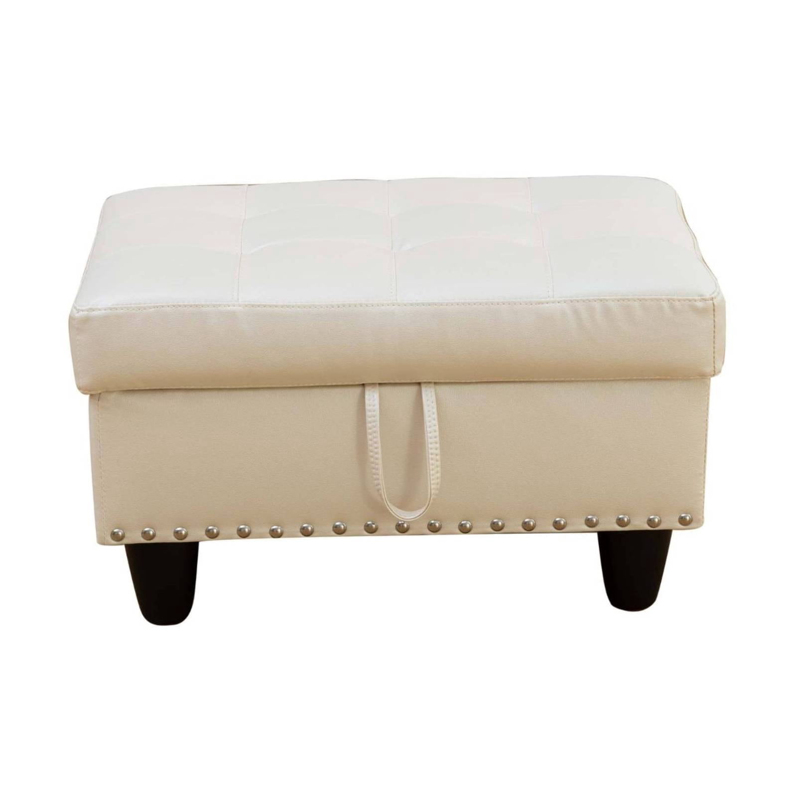 Faux Leather Storage Ottoman Bench, Square Ottoman with Nailhead Trim, Footrest Stool Bench Coffee Table for Living Room,Entryway, White