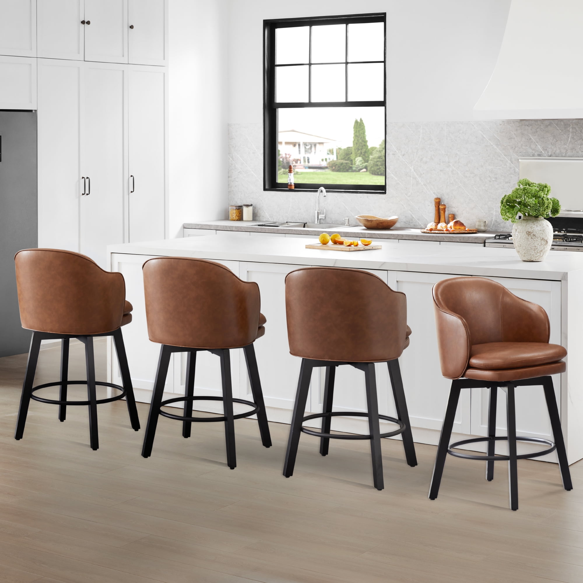 Spruce & Spring Counter Height Swivel Bar Stool with Curved Back and Arms Single, Brown, Faux Leather