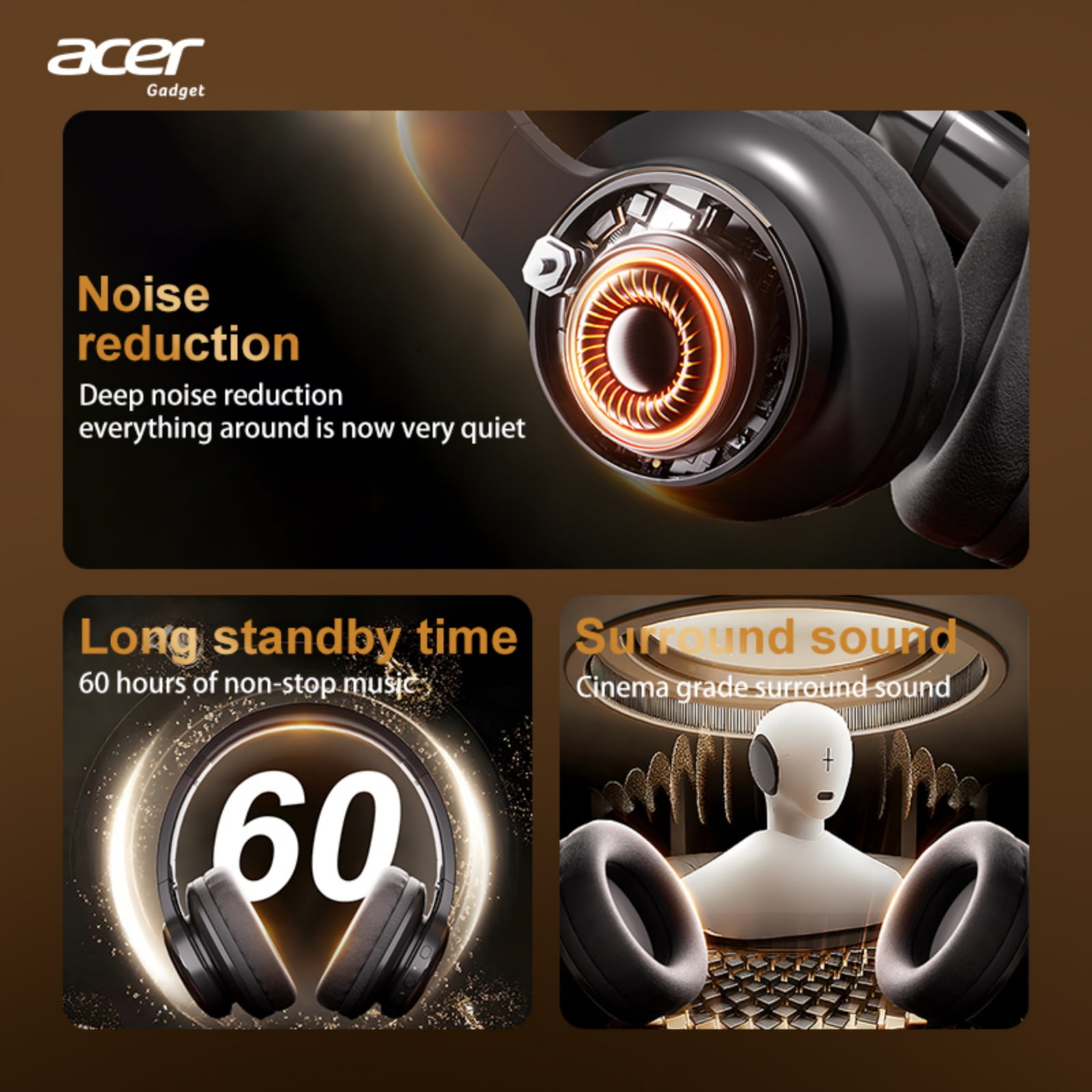 Acer Over-ear Headphones with 60H Playtime, Hi-Res Audio Foldable and Comfortable, Black