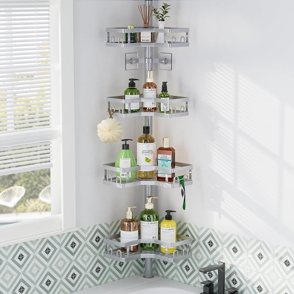 Corner Shower Caddy Tension Pole, 4 Tier Adjustable Shower Organizer Corner 62-115 Inch, Rustproof Bathroom Shower Shelves for Bathtub Storage,Silver