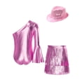 thumbnail image 4 of inlzdz Girls 3Pcs Groovy Jazz Dance Disco Outfit Metallic One Flared Sleeve Leotard with Tassel Skirt Sequin Hat Set Pink 8, 4 of 7