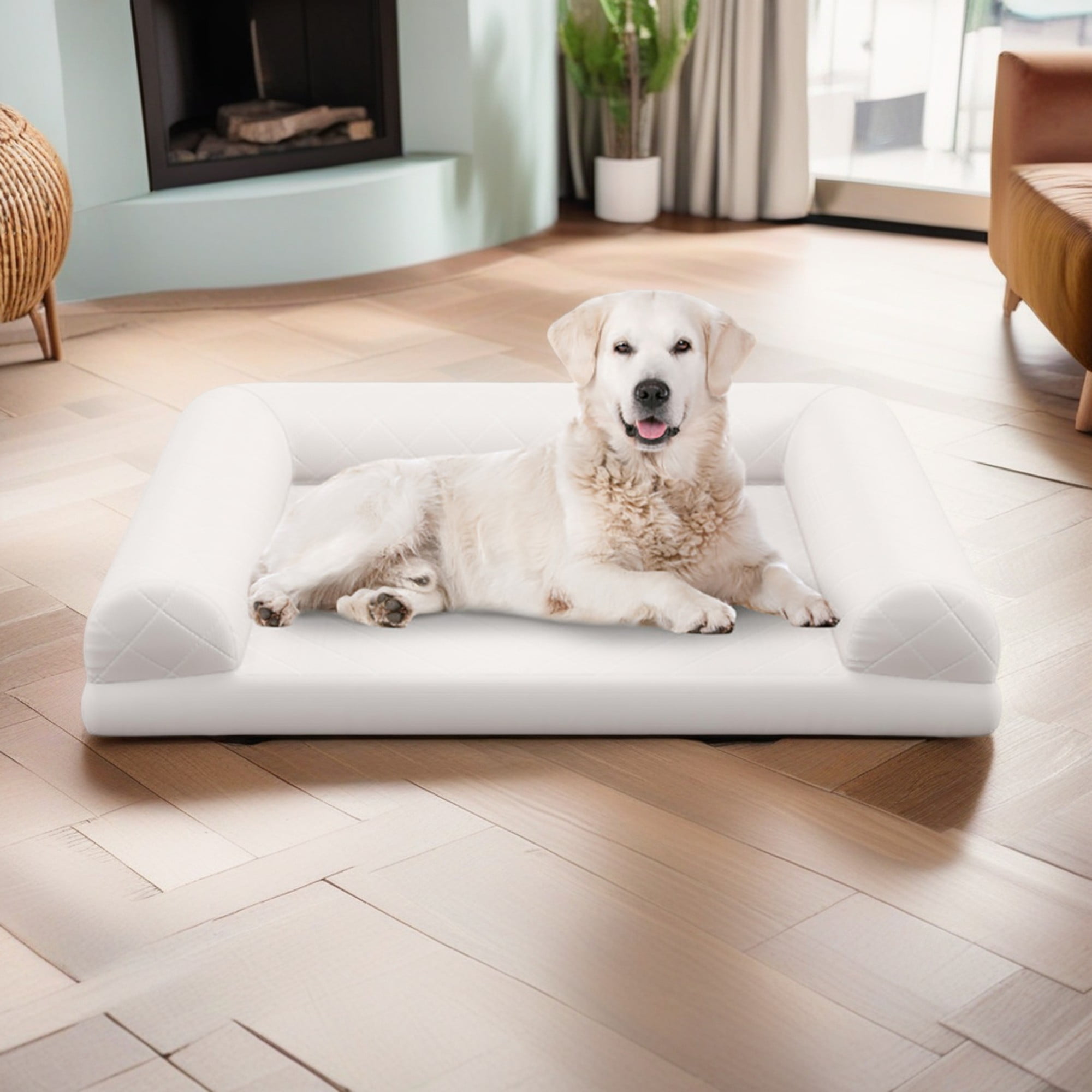 resenkos 36" Pet Dog Crate Bed with 3-Side Bolster, Dog Bed Sofa Furniture, Cat Sofa Beds with Removable Washable Bed Cover, Beige
