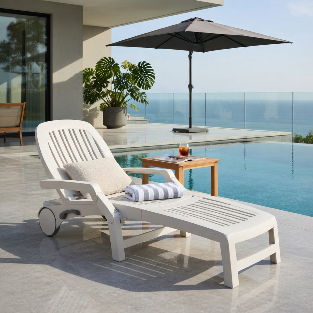Hommoo Adjustable Outdoor Sun Lounger with All-Terrain Wheels, Weather-Resistant PP Recliner for Patio, Poolside & Backyard, White