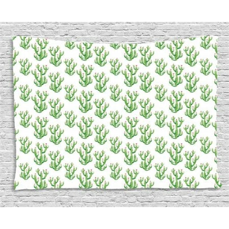 Watercolor Flowers Tapestry, Cactus Plants Exotic Climate Botanical Branches Mother Nature Artsy, Wall Hanging for Bedroom Living Room Dorm Decor, 80W X 60L Inches, Fern Green Pink, by