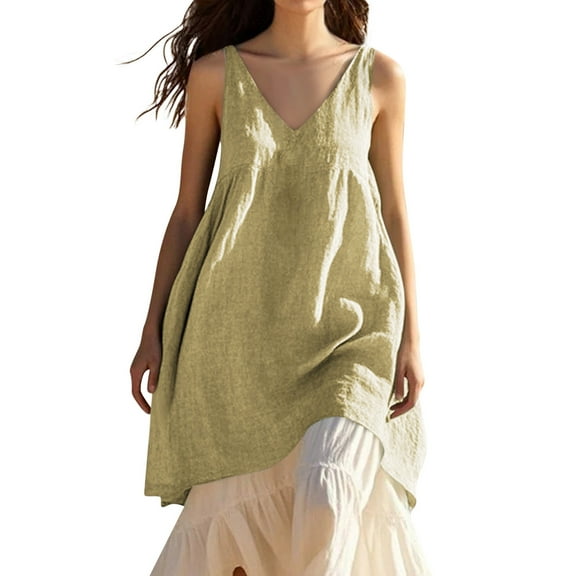 Tshirt Dress Women, Tank Casual Loose Sleeveless Cotton Linen Solid Color V Neck Beach Dresses Plus Size Summer Romper Men Dress Socks Business For Women Dresses Short Dresses (S, Khaki) ZMTing
