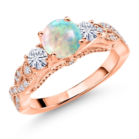 Gem Stone King 18K Rose Gold Plated Silver White Simulated Opal and White Moissanite Engagement Ring for Women (0.77 Cttw, Gemstone October Birthstone, Round Cabochon 6MM and 3MM, Size 5)