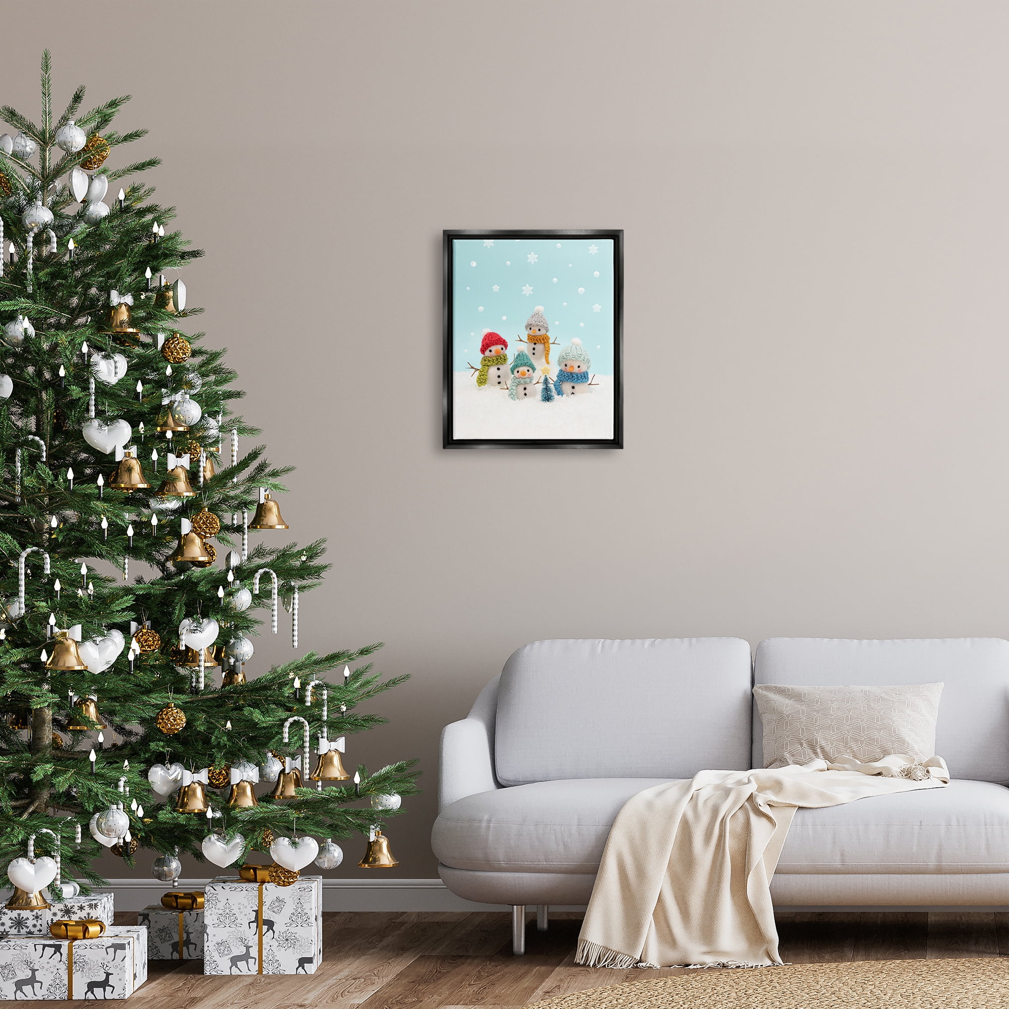 Stupell Industries Winter Snowmen Christmas Tree Holiday Photography Black Floater Framed Art Print Wall Art