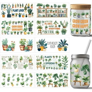 10 Sheets UV DTF Cup Wrap 10 Styles Potted Plants Plant Lovers Rub on Transfers PVC Transfer Stickers Waterproof Rub Decals for DIY 16OZ Glass Cups Furniture Wood