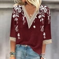 thumbnail image 1 of Blouses pour Femmes, T-shirt Imprimé à Col en V en Dentelle avec Manches 4/3 et Manches 3/4, 1 of 4