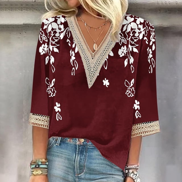 Blouses pour Femmes, T-shirt Imprimé à Col en V en Dentelle avec Manches 4/3 et Manches 3/4